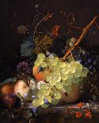 Jan van Huijsum of grapes and a peach on a table top painting